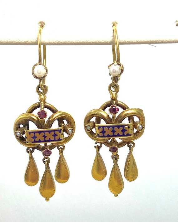14k Gold Victorian Ruby and Seed Pearl Drop Earrin