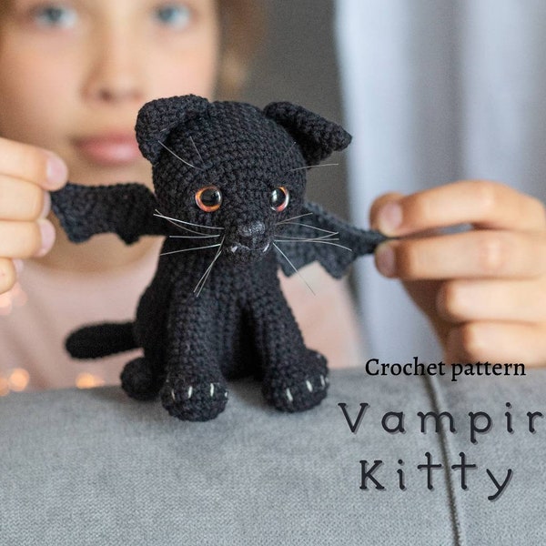 Black cat crochet pattern, amigurumi Halloween pattern, Halloween Kitten, Vampire cat, BatCat