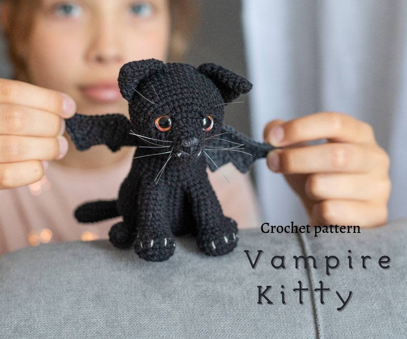 Black cat crochet pattern, amigurumi Halloween pattern, Halloween Kitten, Vampire cat, BatCat image 1