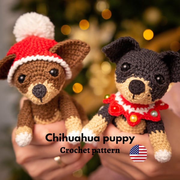 Modèle de chien Chihuahua au crochet de Noël, modèle de chien de Noël Amigurumi, modèle de chien doberman au crochet dans un chapeau de Père Noël.