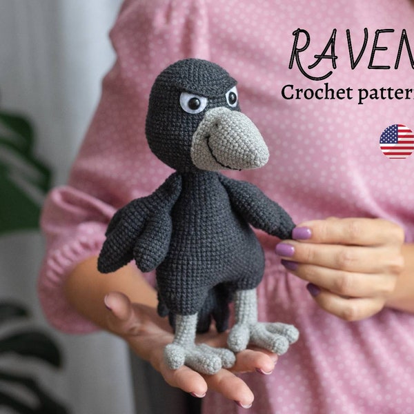 The Raven crochet Halloween pattern, CROW crochet PDF pattern, amigurumi bird pattern