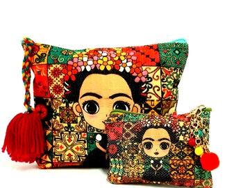 Mexican purse printed textile set of two, makeup bag, Frida tote, coin bag, gift for her, Christmas gift