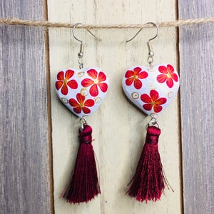 Mexican earrings tassels, handmade Alebrije inspired/heart shaped/ Multiple colors boho/ wood earrings/ Oaxaca Mexico