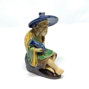 Antique Hand Painted Shekwan Chinese Mudman Fisherman Figurine Clay Painted - Holding Fish