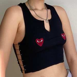 handmade black top with chains and safety pins and burgundy heart patch