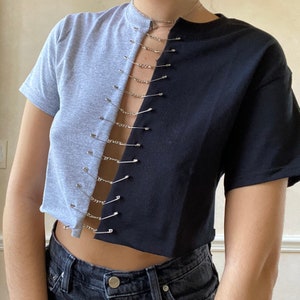 reworked two toned black and gray crop top with chains and safety pins