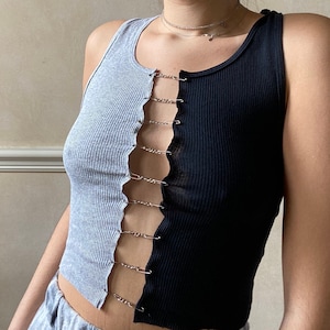 reworked two toned black and gray crop tank with chains and safety pins