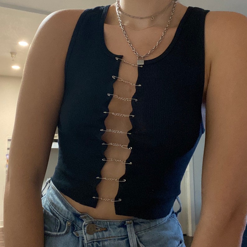 Reworked Black Tank Top With Chains and Safety Pins - Etsy