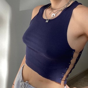 handmade navy top with chains and safety pins