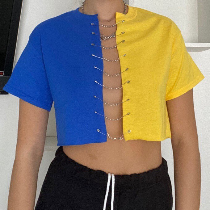 Reworked two toned blue and yellow crop top with chains and Etsy