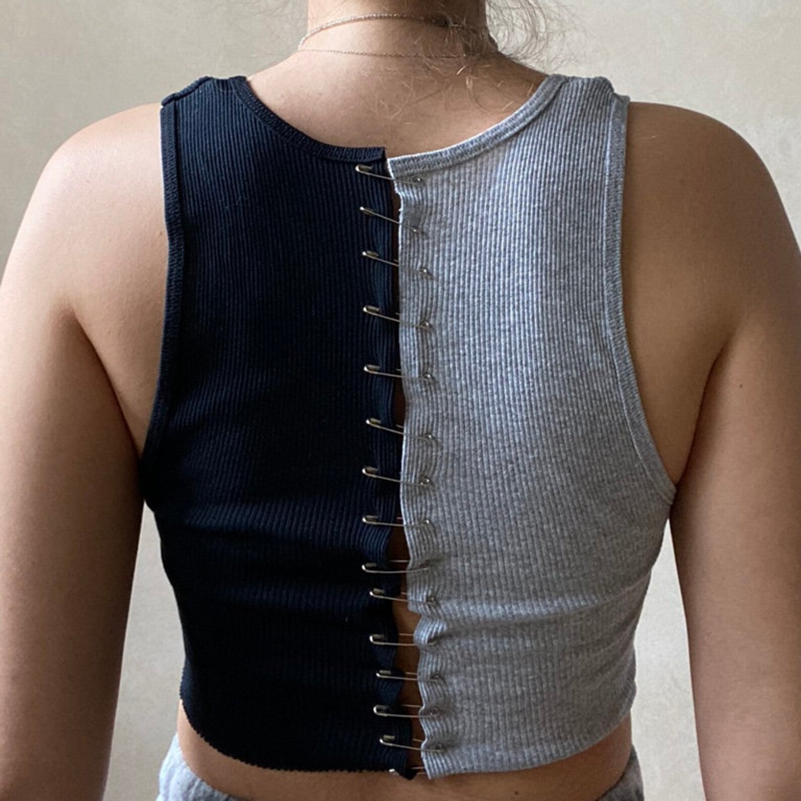 Studded Safety Pin Embellished Top - Dark Gray