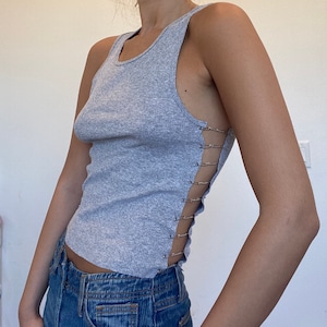 Gray Rework Top with Chains and Safety Pins (Longer Version)