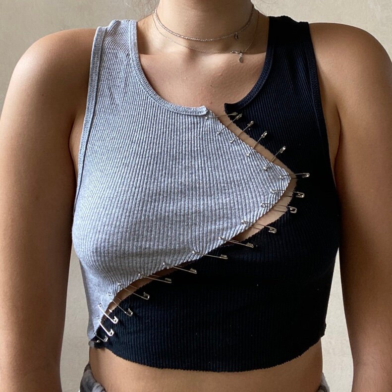Studded Safety Pin Embellished Top - Dark Gray main image 1