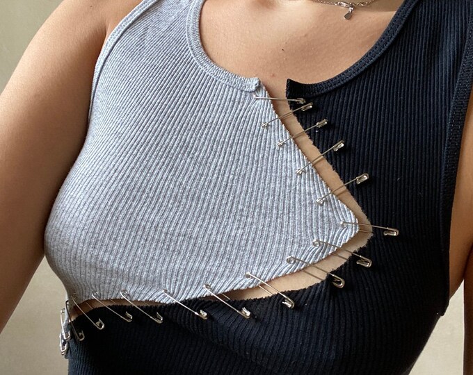 Studded Safety Pin Embellished Top - Dark Gray main image 0