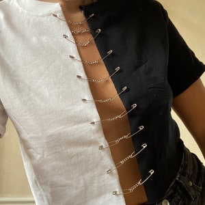 reworked two toned black and white crop top with chains and safety pins