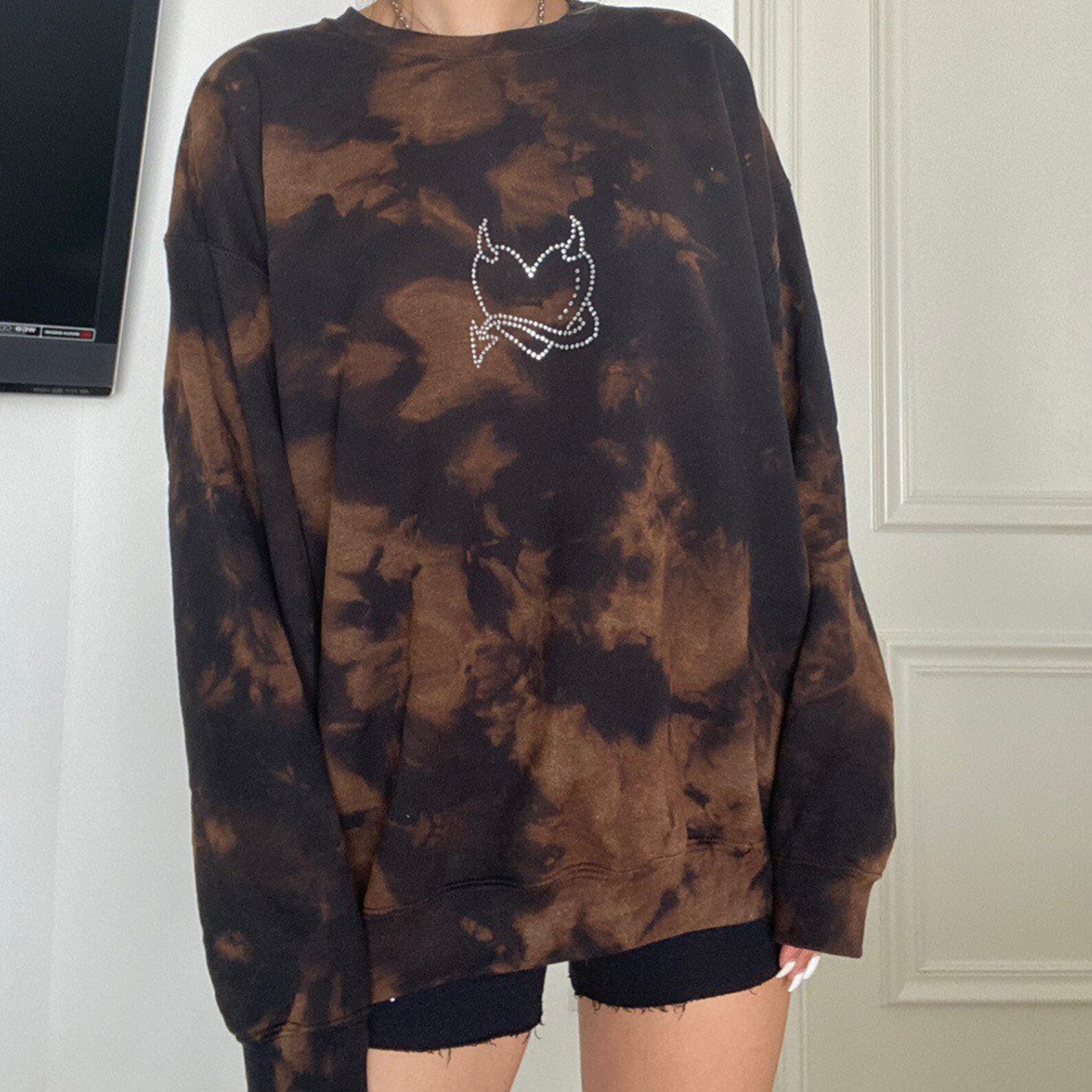 Handmade acid wash black crewneck sweater with clear Etsy