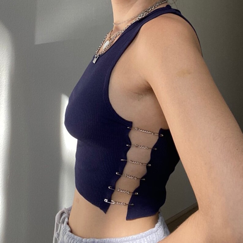 handmade navy top with chains and safety pins
