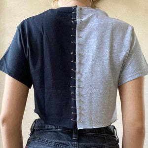 Reworked two toned blue and yellow crop top with chains and safety pins