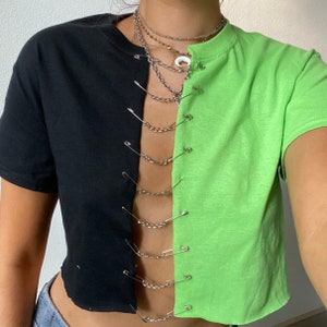 handmade two toned black and lime green crop top with chains and safety pins