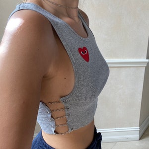 Gray Rework Red Heart Patch Crop Top with Chains and Safety Pins