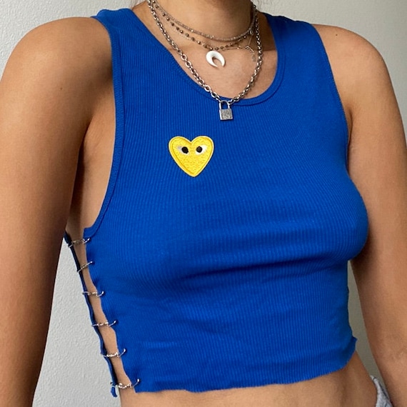 Handmade Blue Top With Chains and Safety Pins and Yellow Heart | Etsy