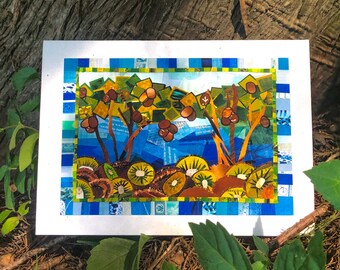 Kiwi Tree - Single Greeting Card Blank Inside Folded A7 All Occasions Collage Art Sustainable Stationary with Envelope Nature Fruit Summer