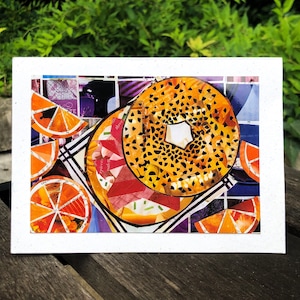 Bagel - Single Greeting Card Blank Inside Folded A7 All Occasions Collage Art Sustainable Stationary with Envelope Colorful Food