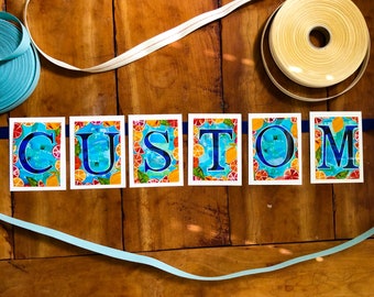 Medium-Sized Custom Banners -  Any Message - 3x4" Panels - Citrus Fruit Design - Handmade - Reusable - Royal Blue Letters - Cotton Ribbon