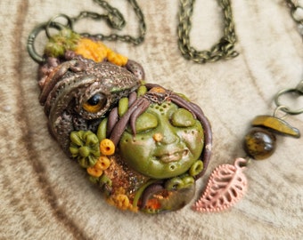 Gecko Goddess Necklace, girl with gecko, polymer clay and epoxy resin