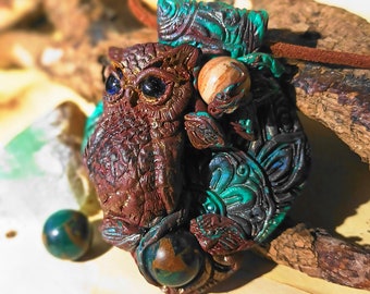 Guardian Owl Necklace, Petrified Wood Stones and Green Jasper, handmade polymer clay