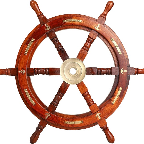 Handcrafted Brass & Wooden Ship Wheel | Premium Nautical Decor | Pirate Captain Boat Anchor And Strips Ship Steering Hanging Wheel for Home