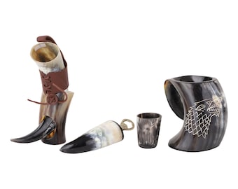 Viking Drinking Horn Set Kit Tankard Direwolf Engraved Drinking Mug with Horn, Belt Holster, Bottle Opener, Shot Glass