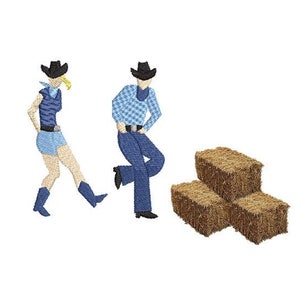 以下が含まれることがあります： カウボーイハットと青いジーンズを着用した2人がラインダンスをしています。彼らは3つの茶色の干し草の俵の前に立っています。