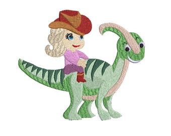 Girl on a Dinosaur With a Cowboy hat Machine Embroidery Design