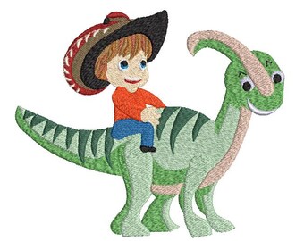 Boy with a fun Cowboy Hat on a Dinosaur Machine Embroidery Design