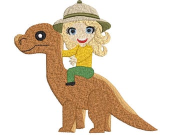 Girl on a Dinosaur With a Safari Hat Machine Embroidery Design