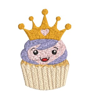 May include: An embroidered cupcake patch featuring a gold crown with a small pink heart at the center. The cupcake has light purple frosting, a pale pink face with black eyes and a red mouth, and a beige pleated paper liner base.