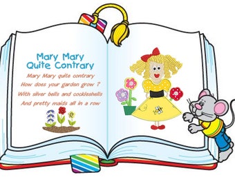 Puede incluir: Un libro abierto con una ilustración colorida de una niña con un vestido amarillo y un ratón asomándose por el lado. El libro presenta la canción infantil "Mary Mary Quite Contrary" con el texto: "Mary Mary quite contrary, How does your garden grow? With silver bells and cockleshells And pretty maids all in a row."