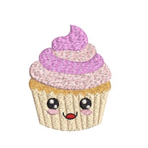 May include: An embroidered patch of a cupcake featuring a tan pleated paper liner and a swirled pink frosting top. The cupcake has a cartoon face with two large black eyes, small pink cheeks, and a curved black mouth with a red tongue visible.