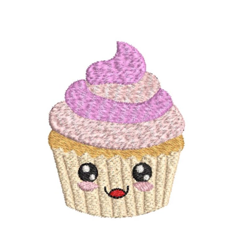 May include: An embroidered patch of a cupcake featuring a tan pleated paper liner and a swirled pink frosting top. The cupcake has a cartoon face with two large black eyes, small pink cheeks, and a curved black mouth with a red tongue visible.