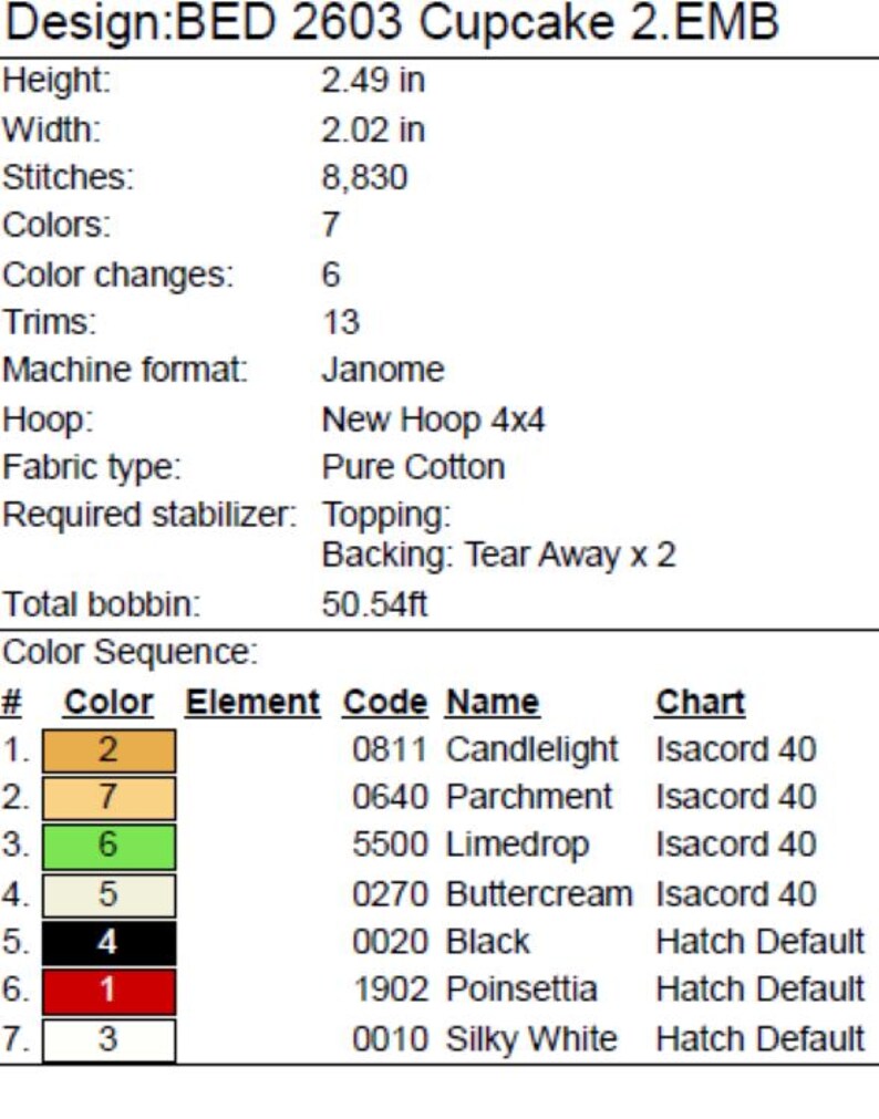 May include: A technical embroidery design specification sheet titled Design:BED 2603 Cupcake 2.EMB. It lists a height of 2.49 inches, width of 2.02 inches, 8,830 stitches, 7 colors, 6 color changes, 13 trims, Janome format, and a color sequence table.