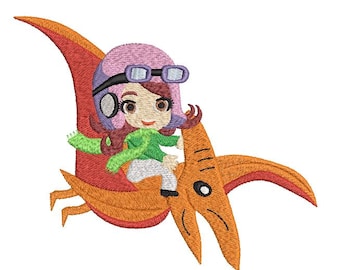 Aviator Girl on a Dinosaur Machine Embroidery Design
