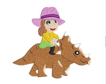 Girl on a Dinosaur With a Fedora Hat Machine Embroidery Design