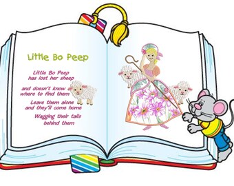 Puede incluir: Ilustración de un libro abierto con la rima infantil "Little Bo Peep". La página muestra una pastorcilla de dibujos animados con ovejas, un ratón y el texto de la rima. La pastorcilla lleva un vestido rosa con estampado floral y sostiene un cayado.