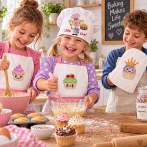 May include: A white chef hat with the text Little Chef and a cartoon illustration, a white apron with a green cupcake graphic, a pink whisk, a pink mixing bowl, a white oven mitt with a cupcake graphic, and a jar labeled Sprinkles Happiness.