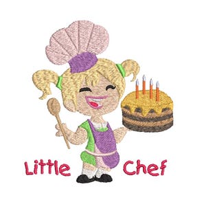 May include: An embroidery design featuring a cartoon character wearing a pink chef hat, a green shirt, and a purple apron. The character holds a wooden spoon and a brown cake with four orange candles. The text Little Chef is written in pink.