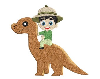 Boy with a fun Safari Hat on a Dinosaur Machine Embroidery Design