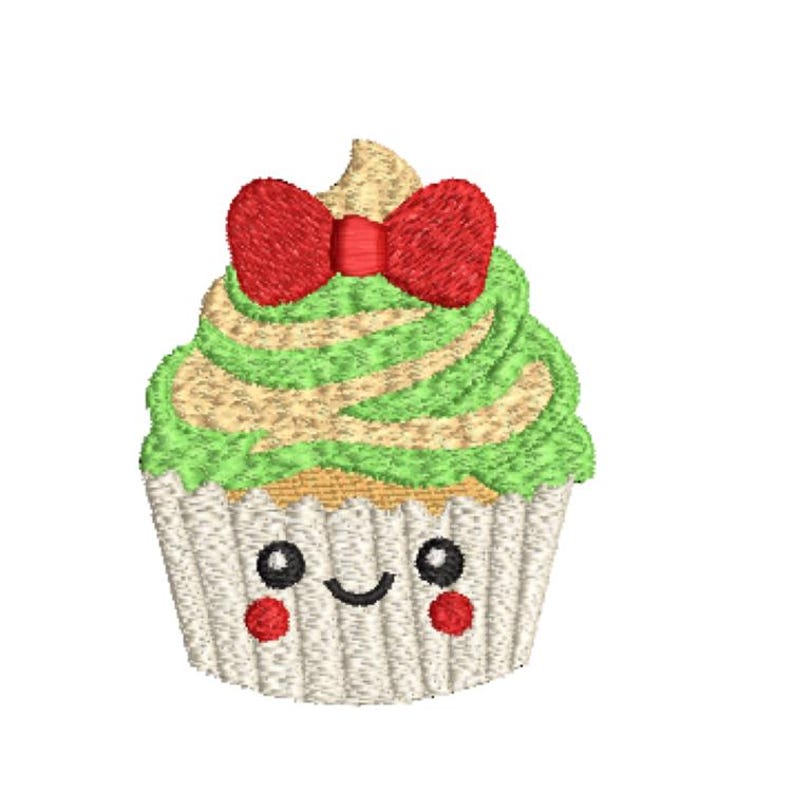 May include: An embroidered cupcake design featuring a beige base, green and beige swirled frosting, and a bright red bow on top. The cupcake has a white pleated wrapper with a smiling face, black circular eyes, and small red circular cheeks.