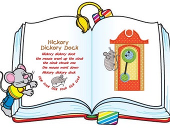 May include: An open book with a colorful bookmark. The book features an illustration of a clock with a mouse climbing up it. The text on the page reads "Hickory Dickory Dock" and includes the nursery rhyme.