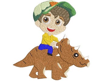 Boy with a fun Baseball Cap on a Dinosaur Machine Embroidery Design